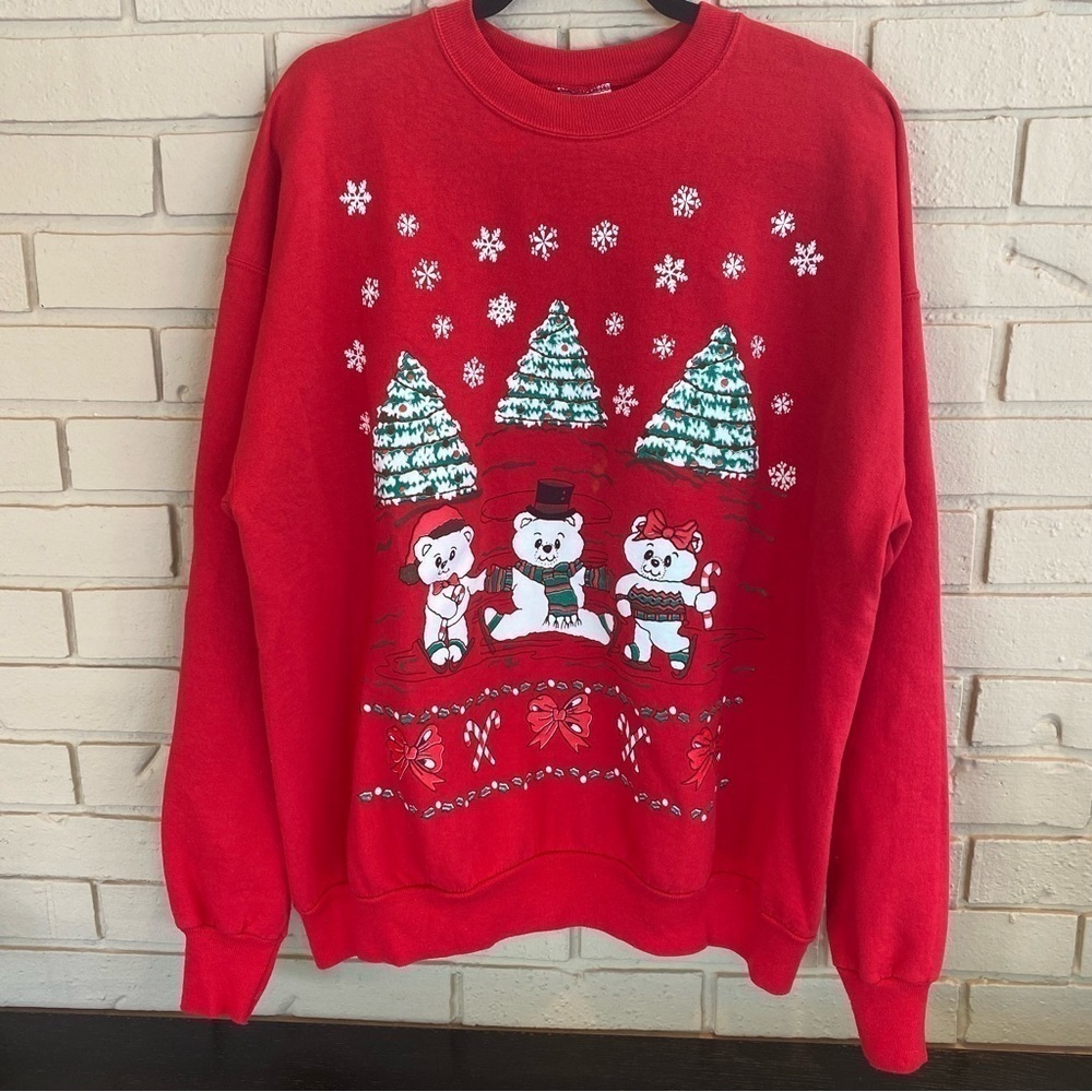 Ugly Christmas Sweater Bears Ice Skating Vintage Crewneck Sweatshirt Red XL